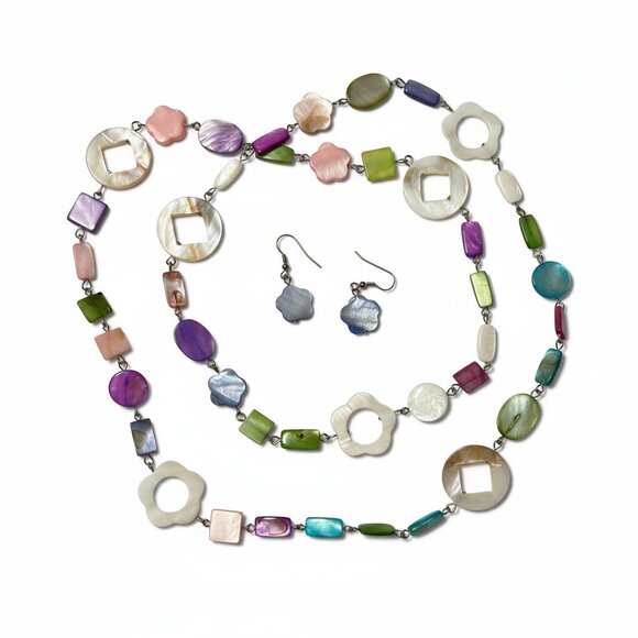 Multi Color Shell Bead Slver Tone Finish Long Necklace And Earring Set - Picture 2 of 2